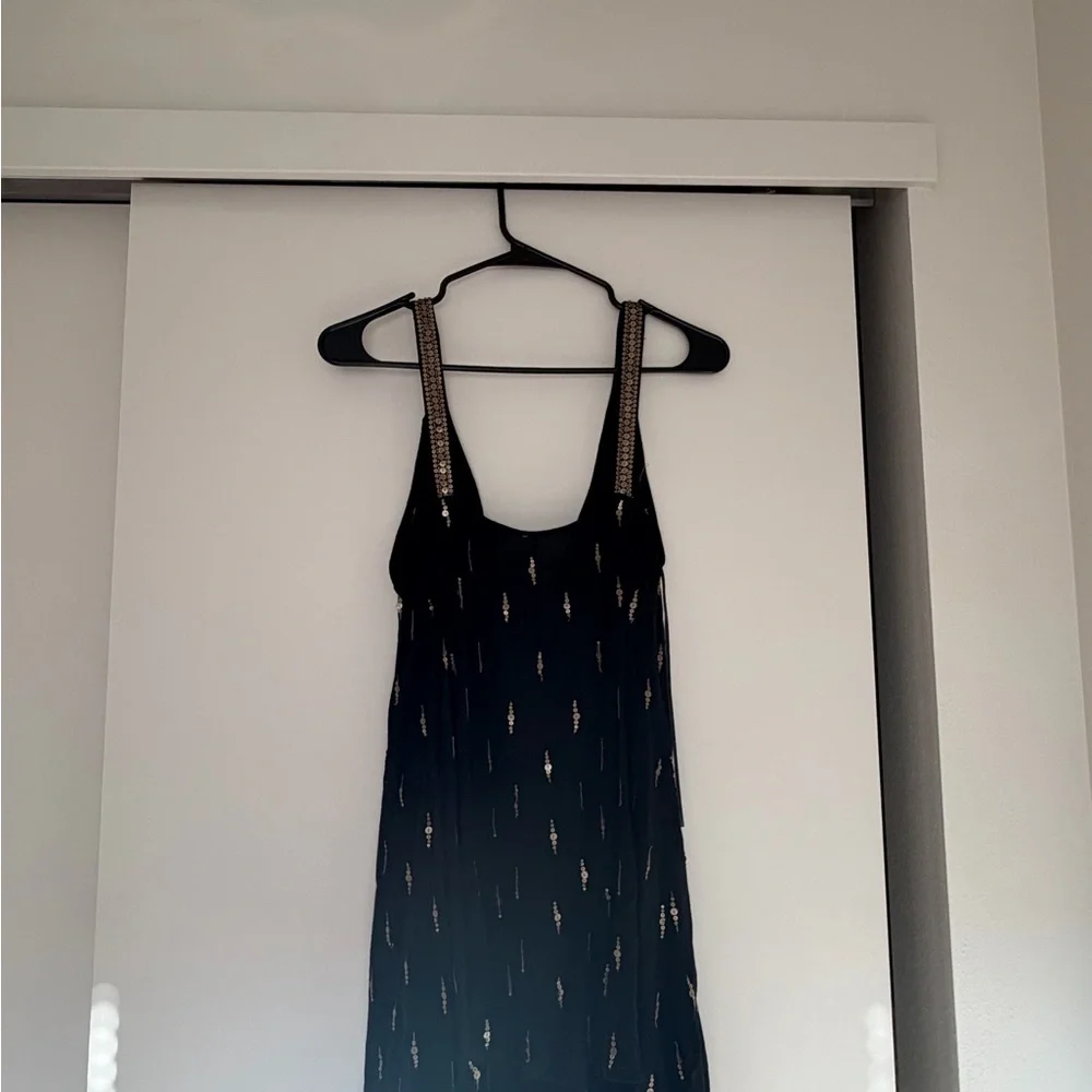 Free People Black V-Neck Embellished Swing Dress